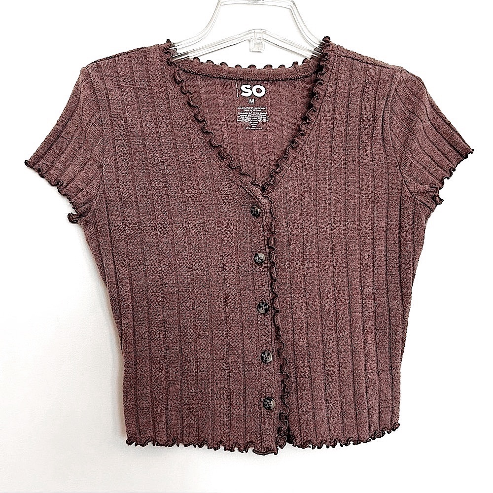 SO Women’s Brown Ribbed Fitted Short Sleeve Cropped Top with Buttons